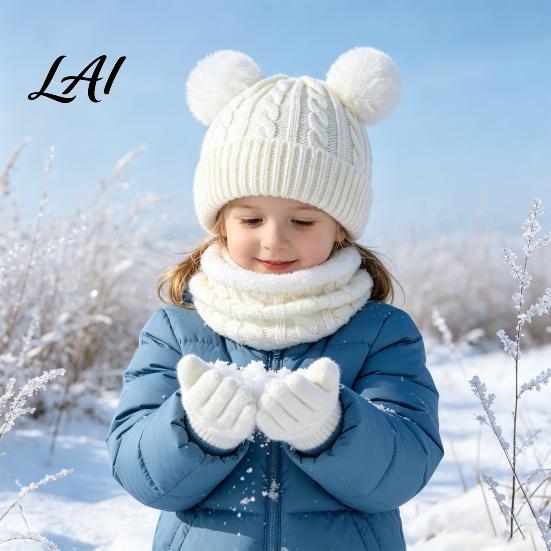 Five Finger Winter Gloves for Toddlers Kids Warm Knit Set Bear Ear Hat Fleece Lined Neck Gaiter & Weather Resistant Thermal Set Full Gloves,