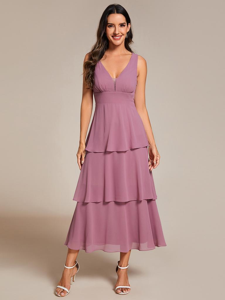 Ever-Pretty Damen Abendkleid mit Stufensaum, Midilänge, Hochzeitsgästekleid, V-Ausschnitt, ärmellos, A-Linie, Chiffon