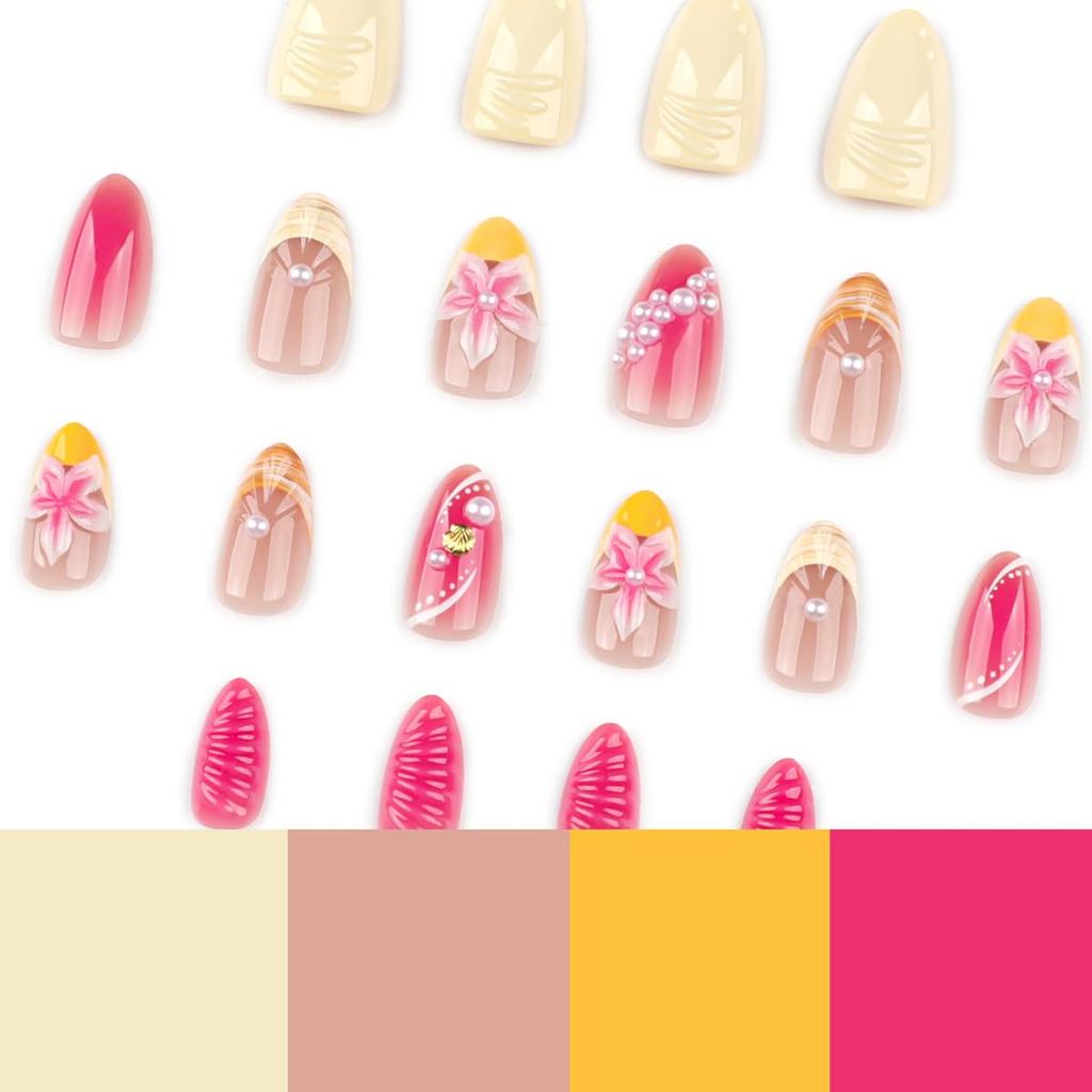 Flower Press on Nails Short Almond Fake Nails Spring Summer Nails Shell French Tip False Nails Press ons with Pearl Design Glossy Acrylic Reusable