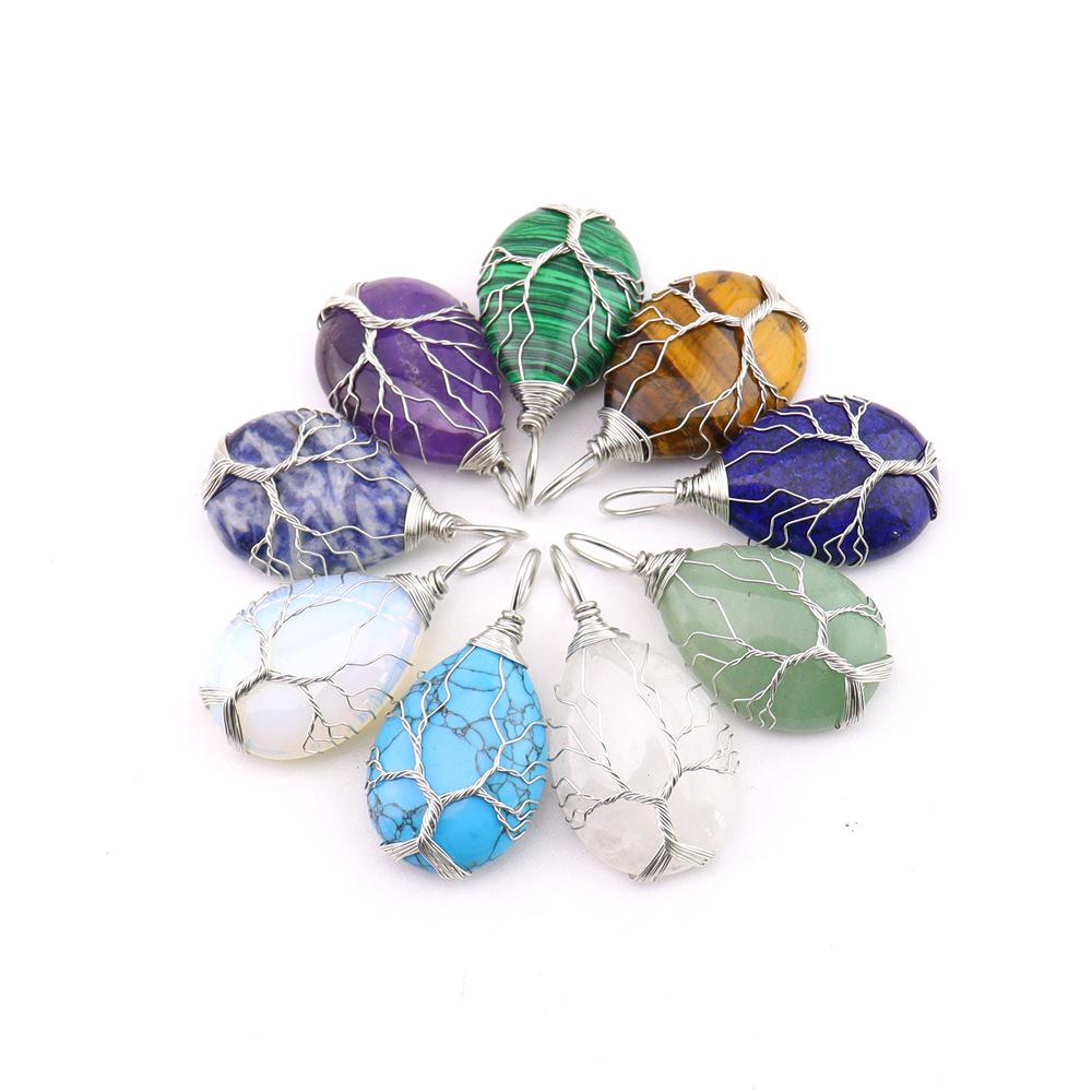 Natural Stone Agate Water Drop Tree of Life Pendant Necklace
