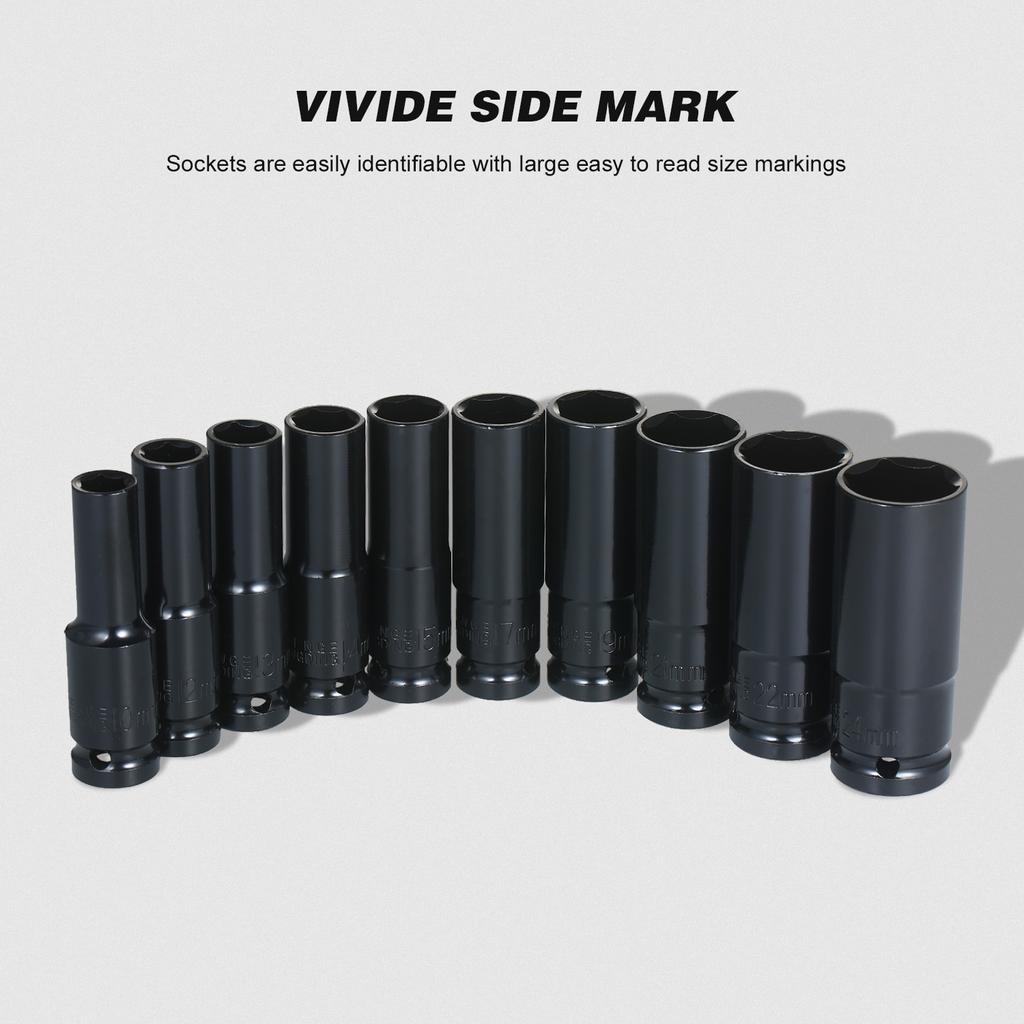 Set prize cu impact în 6 puncte cu antrenare de 1/2 inch 10 piese Dimensiuni metrice 10-24 mm Set prize cu impact din oțel carbon