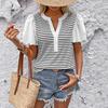 Women's Puff Sleeve V Neck Shirt Summer Fashion Striped Casual Loose Fit Short Sleeve Tops for Women