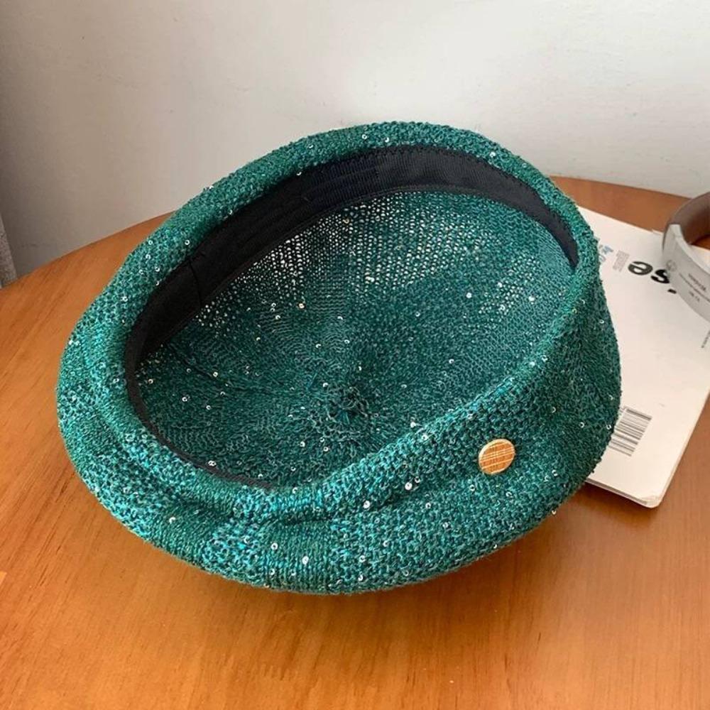 Hollowed Out Weave Hat Paillette Crochet Knitted Cap Elegant Sequin Beret Hat  Women