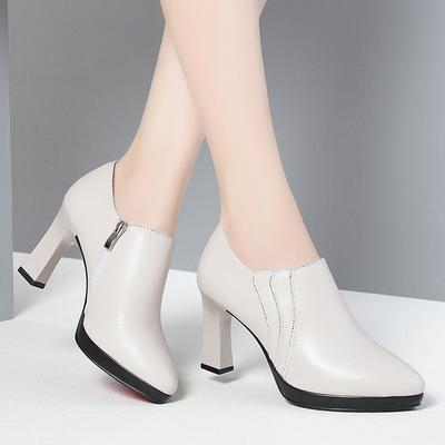 Comfortable Pointed Toe Deep Mouth Soft Leather Shoes Women's Pumps 2025 Fall Block High Heels For Office Model Mom Elegant