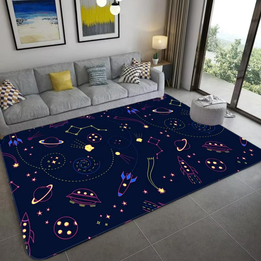 Cartoon Universe Design Childrens Rug Interactive Play Mat for Bedroom Living Room Planet Themed Soft Floor Carpet Decor Gift
