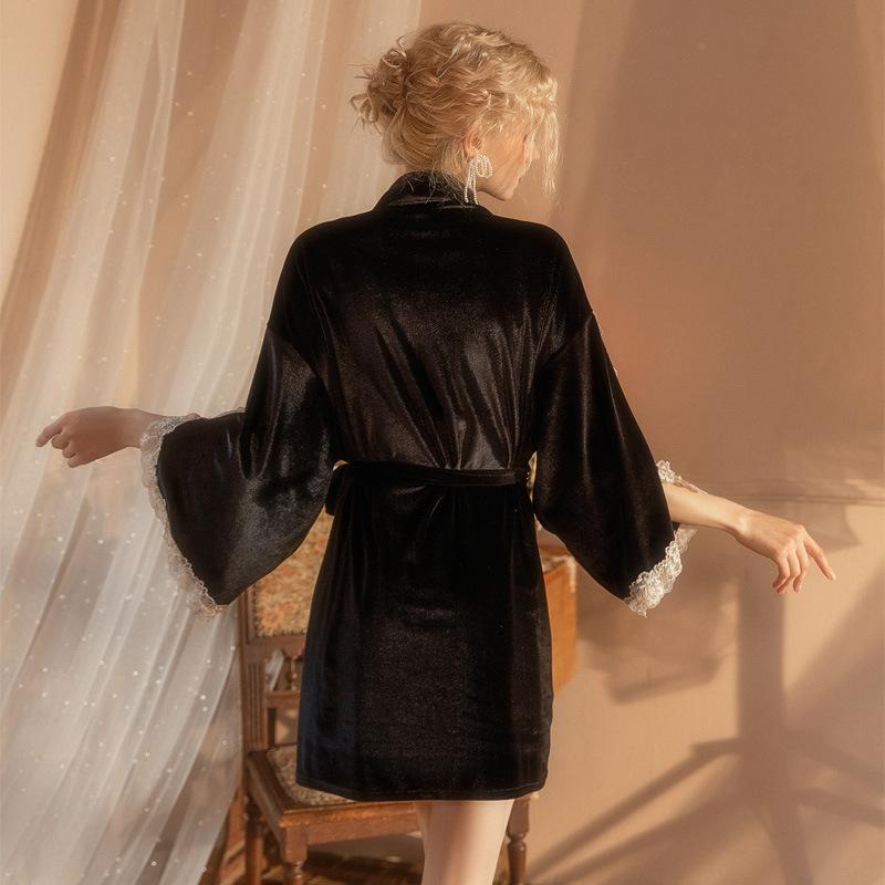 Damen Samt Robe Kimono Bademantel Kleid Sexy Spitzenbesatz Nachthemd Sleewpear Herbst Winter Lose Velours Home Dress Loungewear
