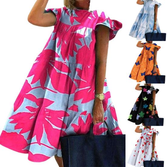 O-Neck Mini Dress Popular Soft Texture Flying Short Sleeve Butterflies Pattern Large Hem