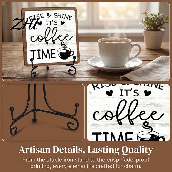 Coffee Sign Wall Decor Wooden Bar with Iron Stand, Vintage Black & White Cafe Artistic Corner Art, Rustic Tabletop or Hanging Frame for Farmhouse