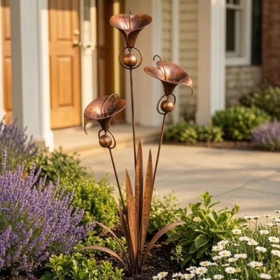 Yousheng 2 Pcs Flamed Copper Three Calla Lilies Garden Stake with Bells, Handmade Rain Catcher Flower, Metal Plant Yard Art, Rustic Wind Chime