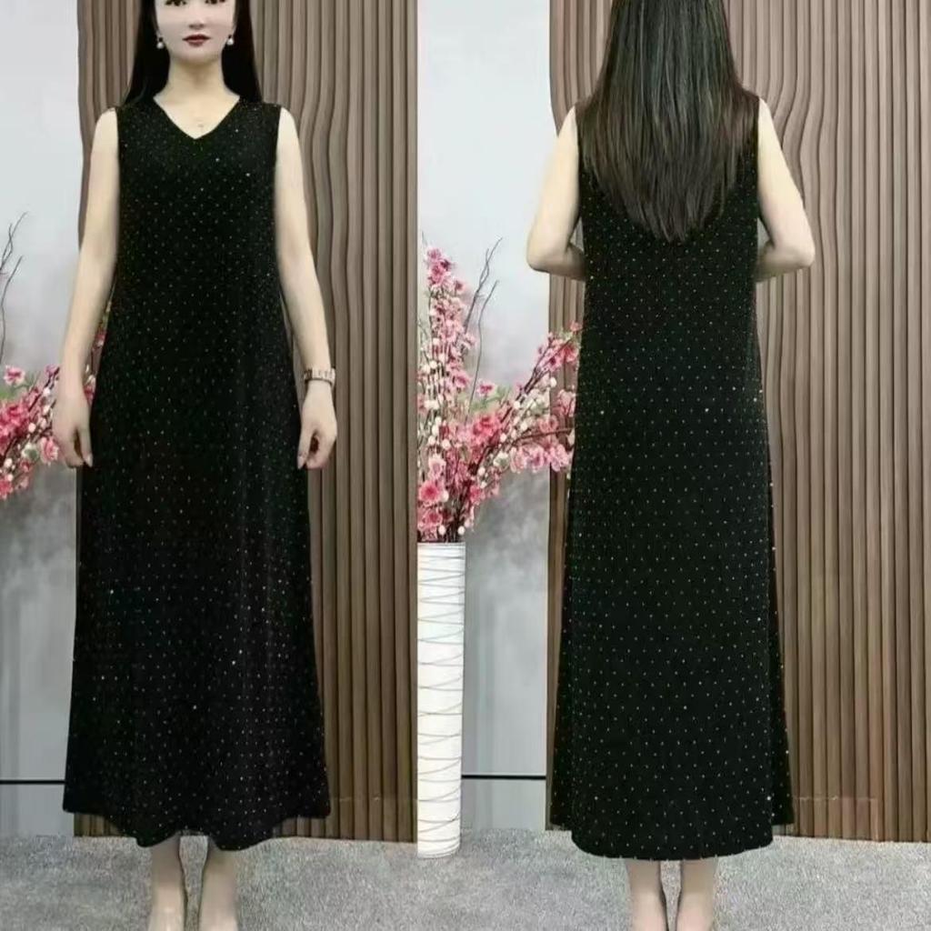 Women's V-Neck Ice Silk Sleeveless Dress: Summer Embroidered, Solid Color, Age-Reducing & Slimming Mother's Wear
