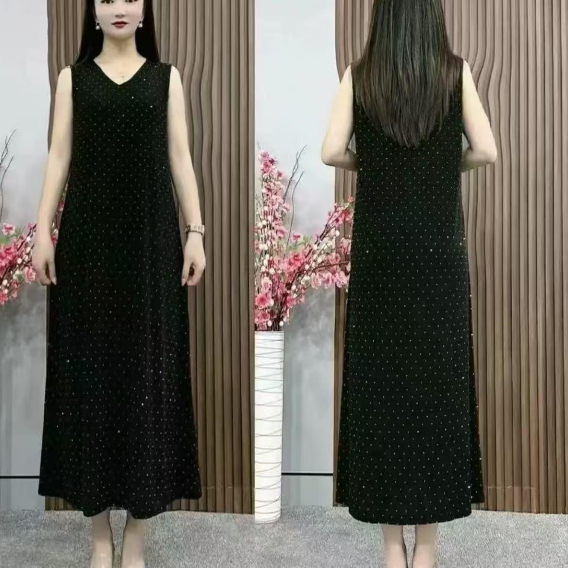 

Women s V-Neck Ice Silk Sleeveless Dress: Summer Embroidered, Solid Color, Age-Reducing & Slimming Mother s Wear 4XL (136-150 lbs)