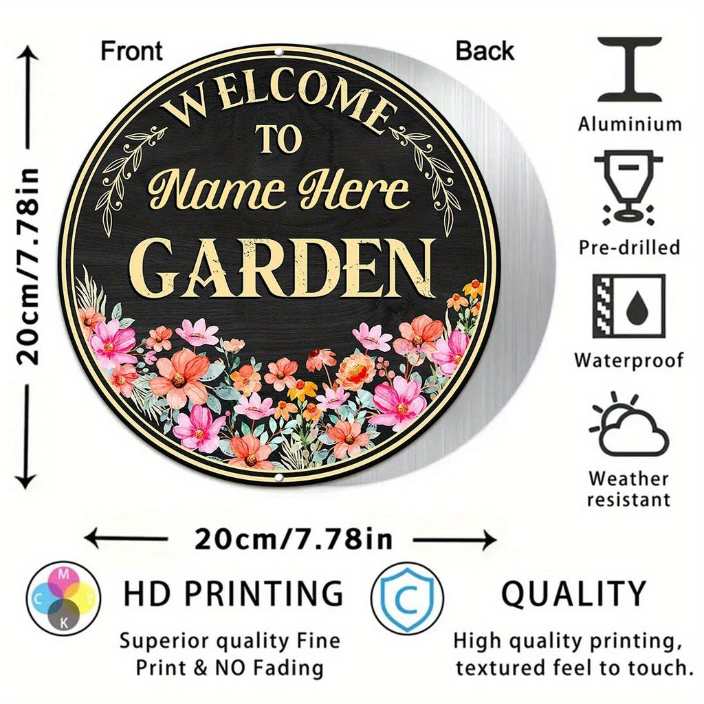 Customizable Name Text Flower Garden Round Aluminum Sign 8x8 Inch Rustic Outdoor Plaque