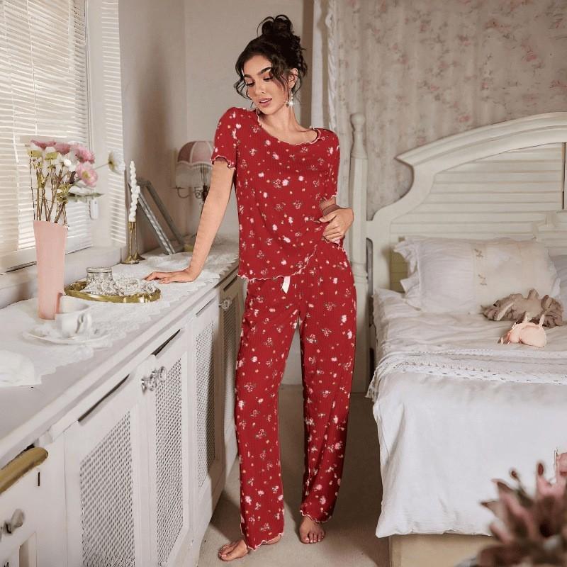 Womens Floral Pajama Set Short Sleeve Long Pants Loungewear 2 Piece