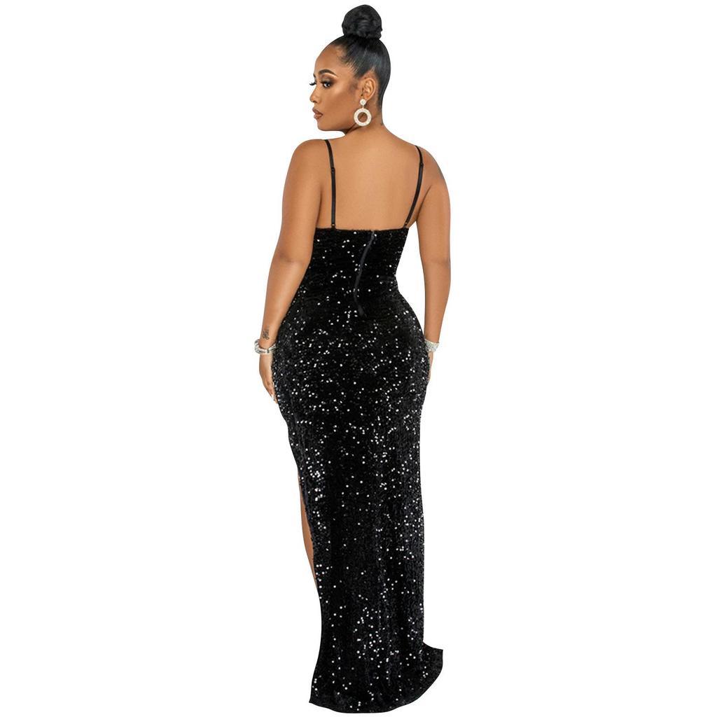 X5843 European & American Sequin Mesh Spaghetti Strap Irregular Slit Dress for Women