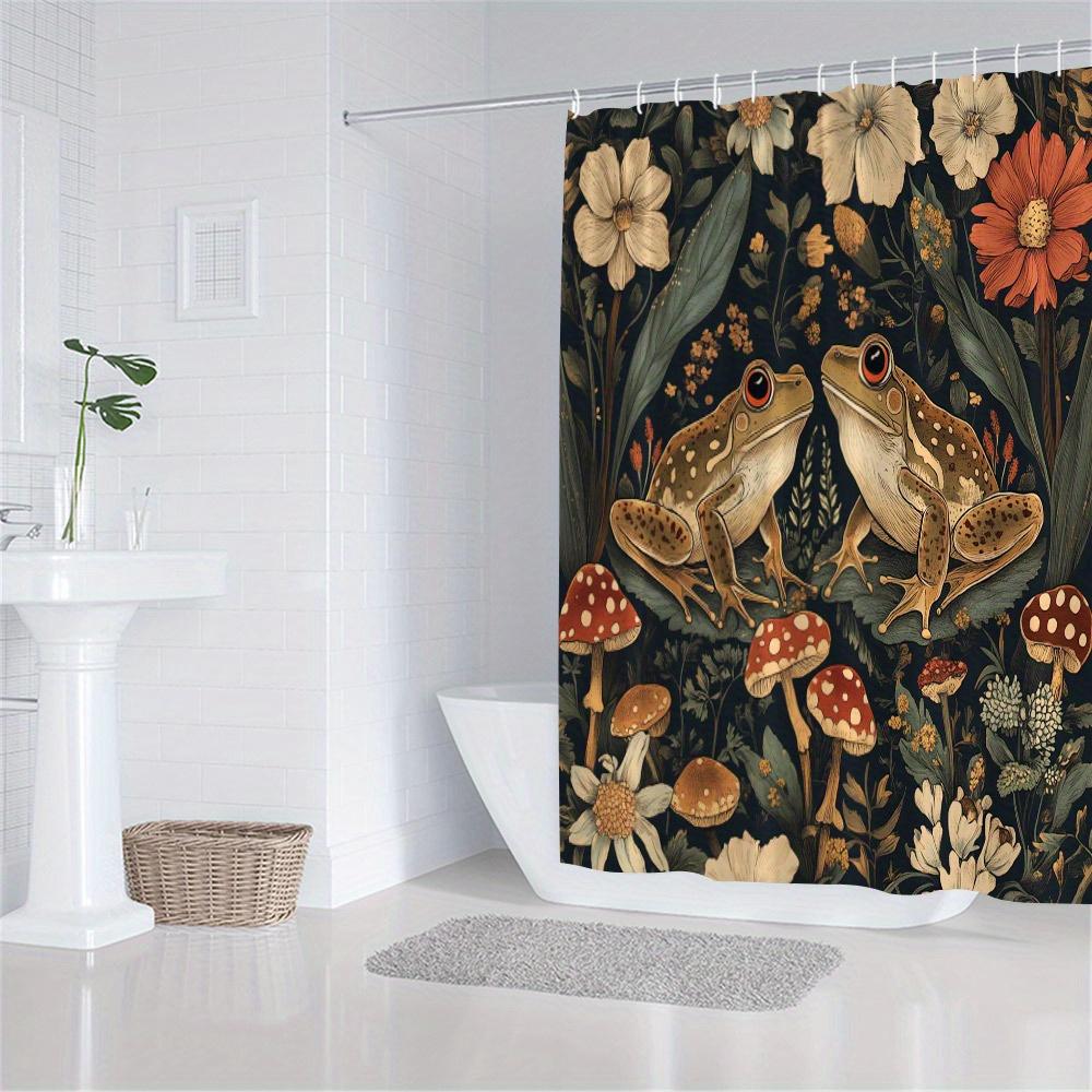 Zahradní sprchový závěs Žába a houba Veselý design v zemitých barvách, Barevné houby a listy, Omyvatelný polyester