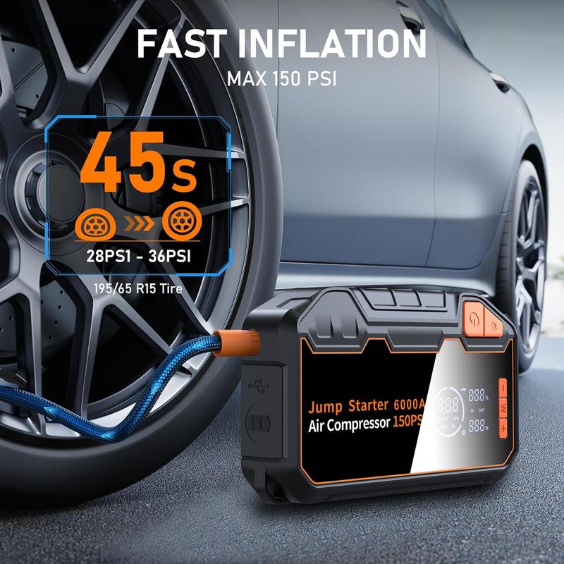 PAIVIROKU 6000A Car Battery Starter Booster & Tire Inflatable Compressor 150PSI Air Pump with Jump Starter Power Bank ,LED Light