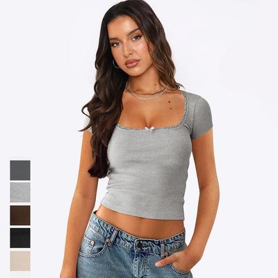 1pcs Summer Womens Square Neck Tops Short Sleeve Ribbed Slim Casual Basic Y2K Cute Top