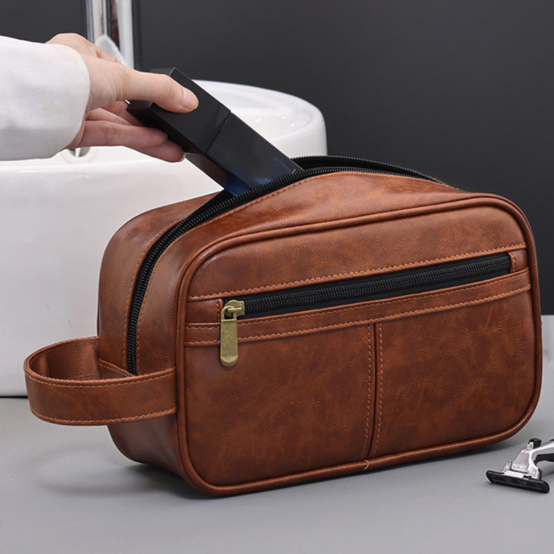 Business Travel Portable Men's Toiletry Bag Fashion Retro Leather Thickened Cosmetic Bag Handbag