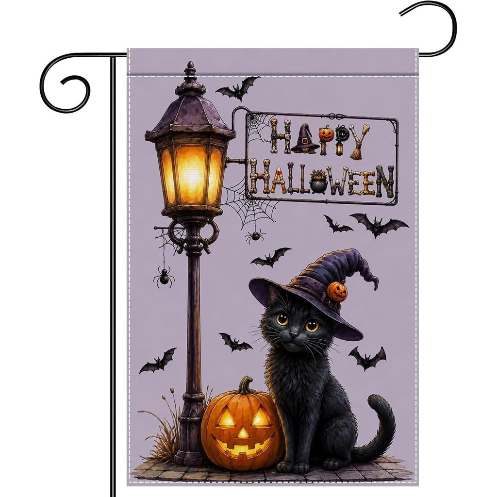 Black Cat Halloween Welcome Garden Flag Double-Sided Decor | Witch Hat Design, Front Porch Patio Display, Fall Outdoor Decoration, Cozy Halloween The