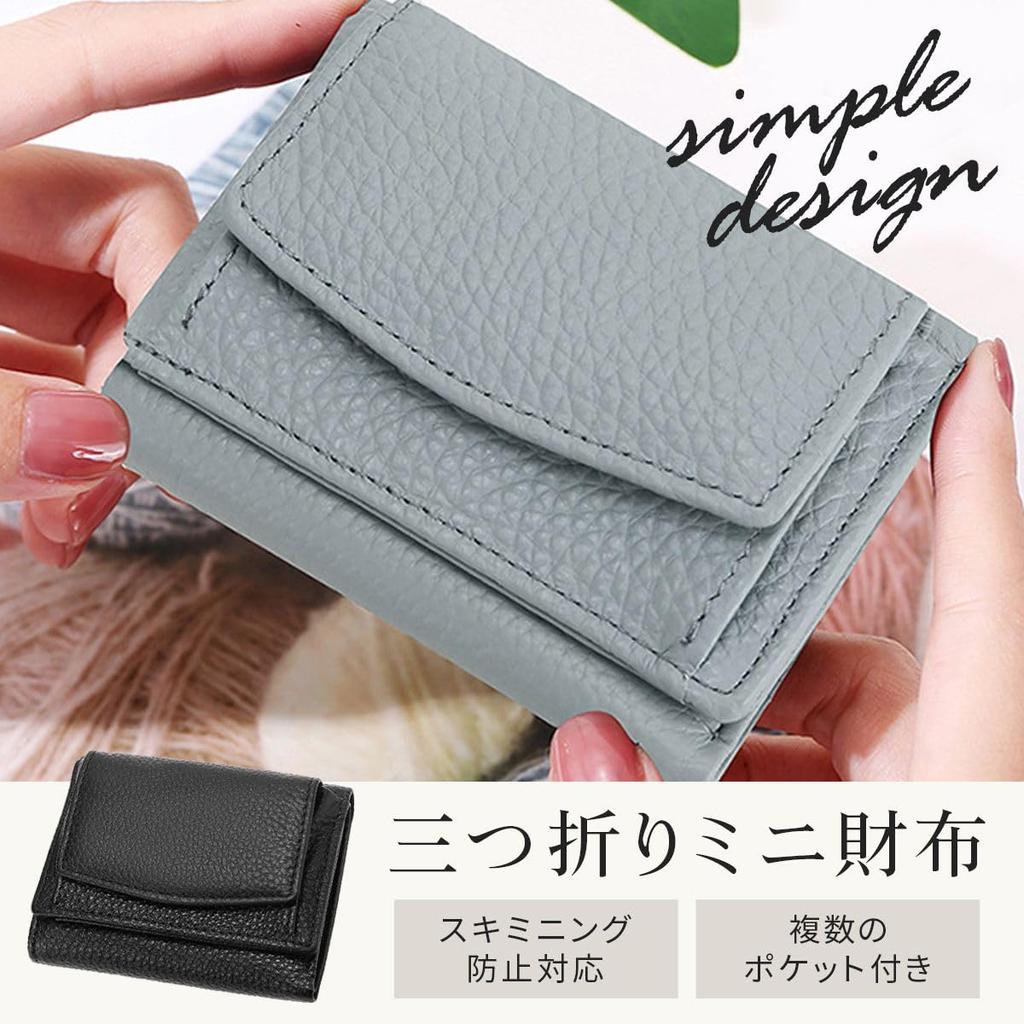 Grooblue Women's Compact Tri-Fold Wallet with Coin Purse, Genuine Leather, Slim, Lightweight, Cute, Easy To Use, Anti-Skimming, Gift, Blue