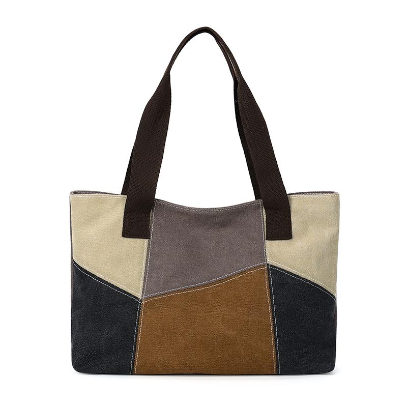 Damen Patchwork Handtasche - Vintage Gespleißte Canvas Tote mit Obergriff & Crossbody-Funktion