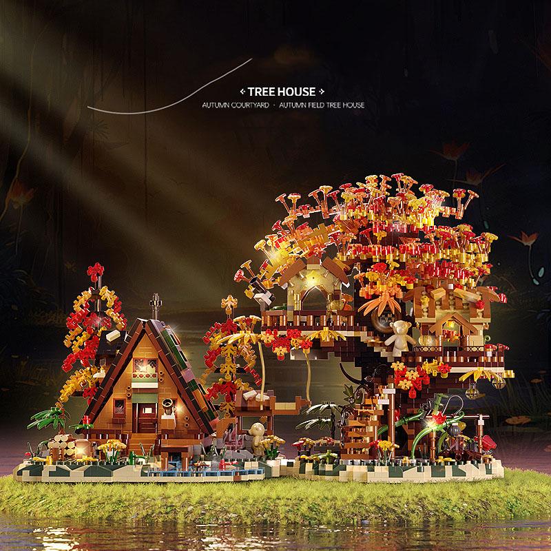 Creative Landscape Street View Small Block Autumn Cabin Tree House Construction Brick Treehouse Streetscape Figures Plaything With Light
