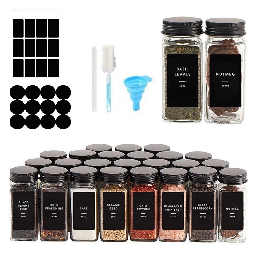 24 Pcs Spice Jars with Label Glass Spice Jars with Black Metal Caps Shaker Lids Funnel 4oz Seasoning Containers Bottles