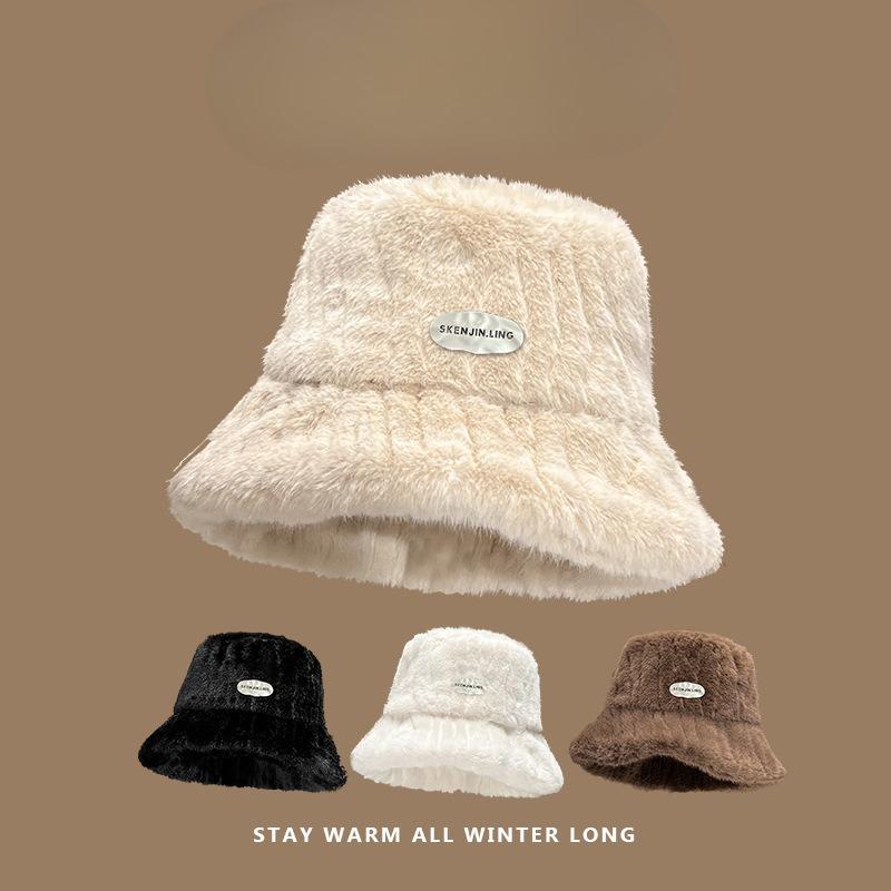 Winter Plush Fisherman Hat Women's Warm Thickened Plush Hat Fashion Versatile Ear Protection Large Head Circumference Bucket Hat Basin Hat