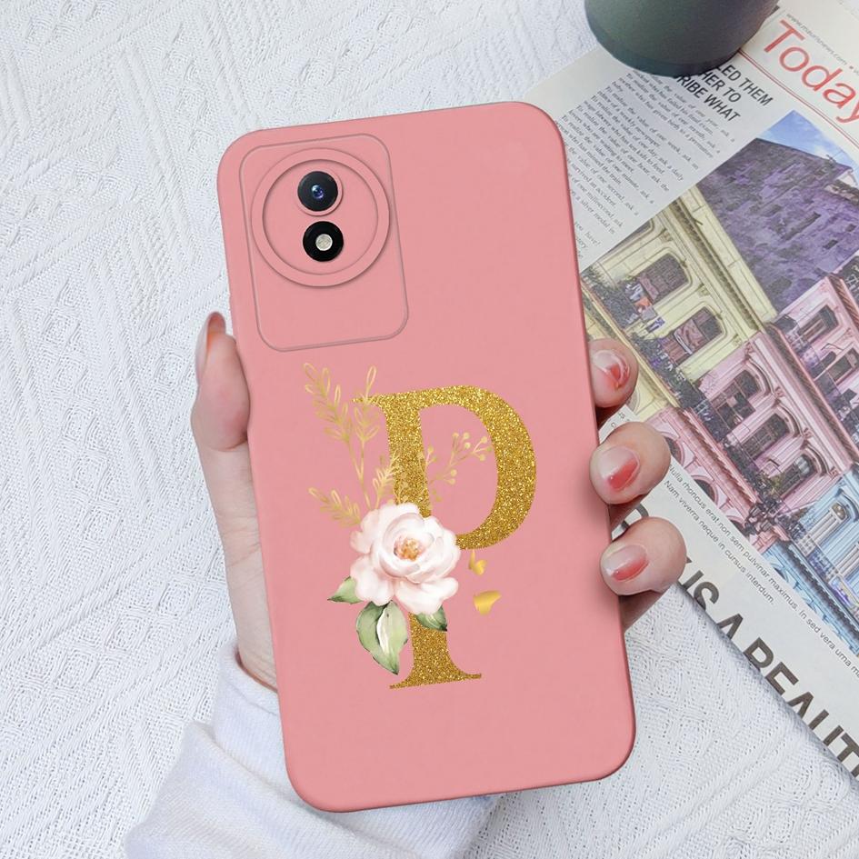 Telefon Fall Für Vivo Y02S Y11 Y12 Y15 Y16 Y17 Y19 Y20 Y21 Y30 4G 5G Luxus Schutzhülle flüssigkeit Weiche Silikon Blume Buchstaben Fundas Für Vivo Stoßstange Coque