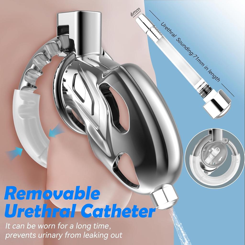 Keuschheitsgürtel für Männer mit Harnröhrenkatheter, Verstellbarer Metallkäfig gegen Fremdgehen, Paarspiel & Sissy-Training