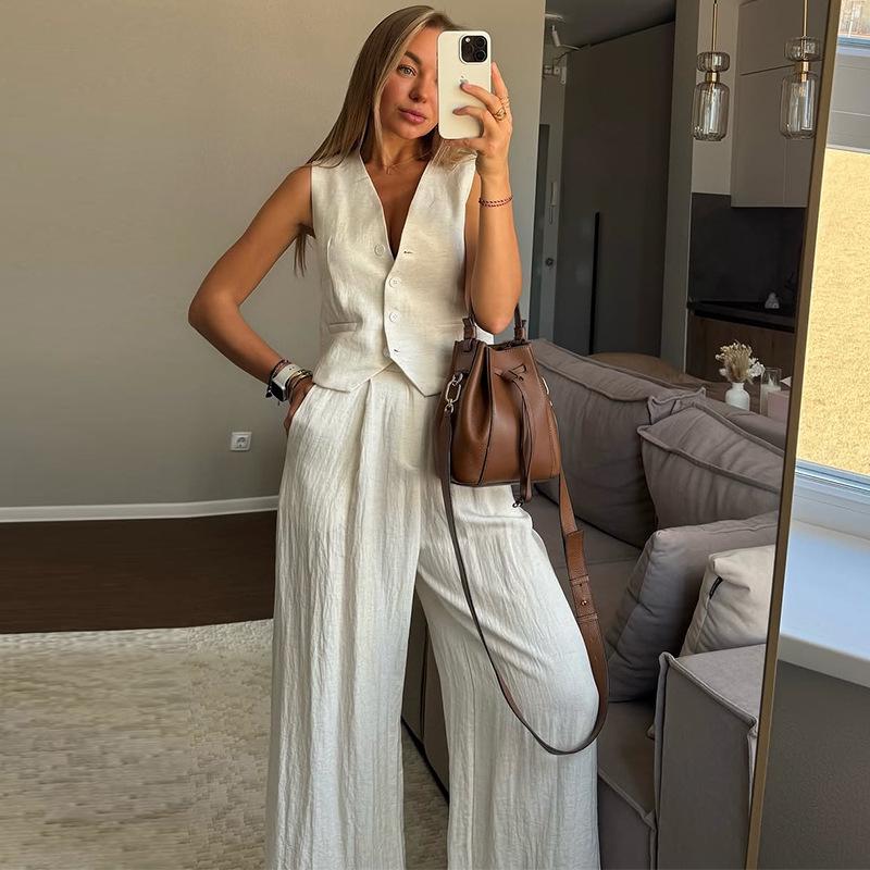 2025 Summer Women's Casual Set: Elegant Vest Tank Top & High-Waisted Wide-Leg Pants