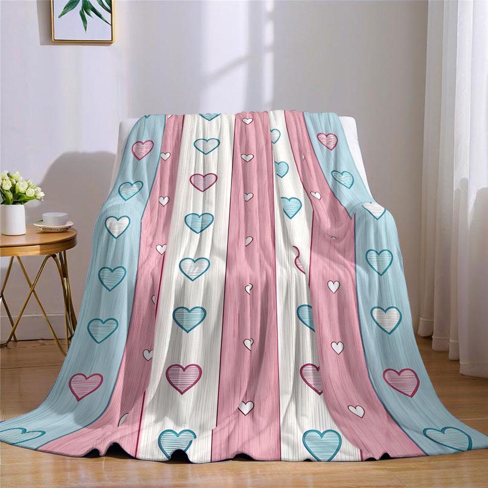 Pastel Stripe Heart Flannel Blanket Perfect for Sofa Office Bed Travel Sleep Read Relax Camping four season use