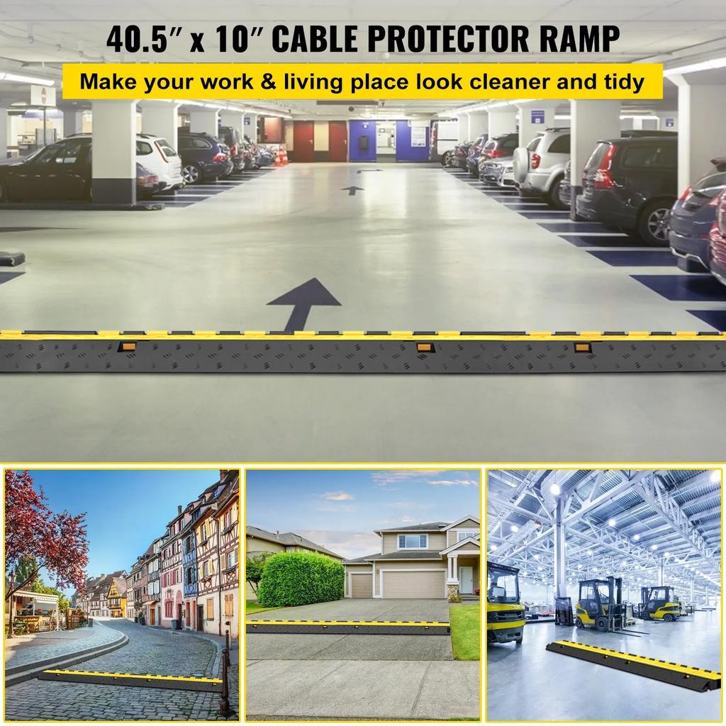VEVOR 4 Pack Rubber Cable Protector Ramp 103x25.5x5 Cm 2 Channel Heavy Duty 66000lbs Load Capacity Cable Wire Cord Cover Ramp Speed Bump Driveway