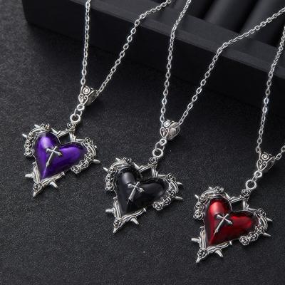 Gothic Thorn Cross Rose Big Heart Pendant Necklace for Women Men Vintage Trend Halloween Party Zircon Gift