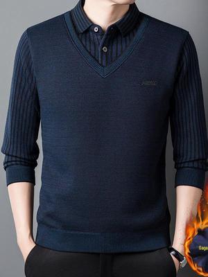 Herren Freizeit Warmer Strickpullover mit Plus Samt, Revers und Fake Two-Piece Design - Perfekt für Herbst und Winter.