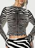 Damen Netz-Top mit Zebramuster, durchsichtig, langärmelig, sexy figurbetont und leicht transparent, Y2K Spice Girl Stil