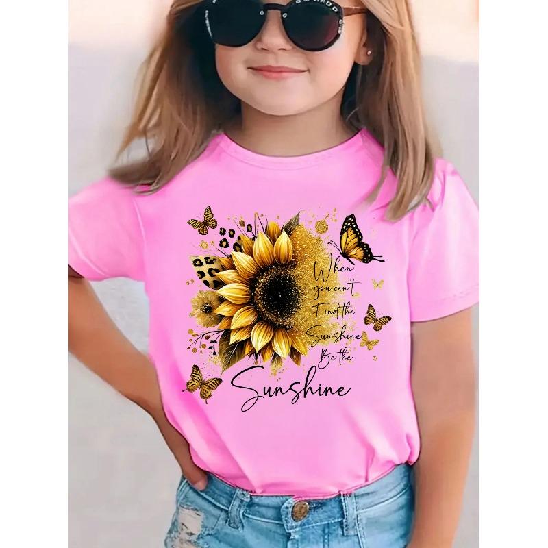 European sizes Girls' Summer Short-Sleeve T-Shirt with SUNSHINE & Sunflower Print - Round Neck Casual Blouse Top, Suitable for Casual Attire