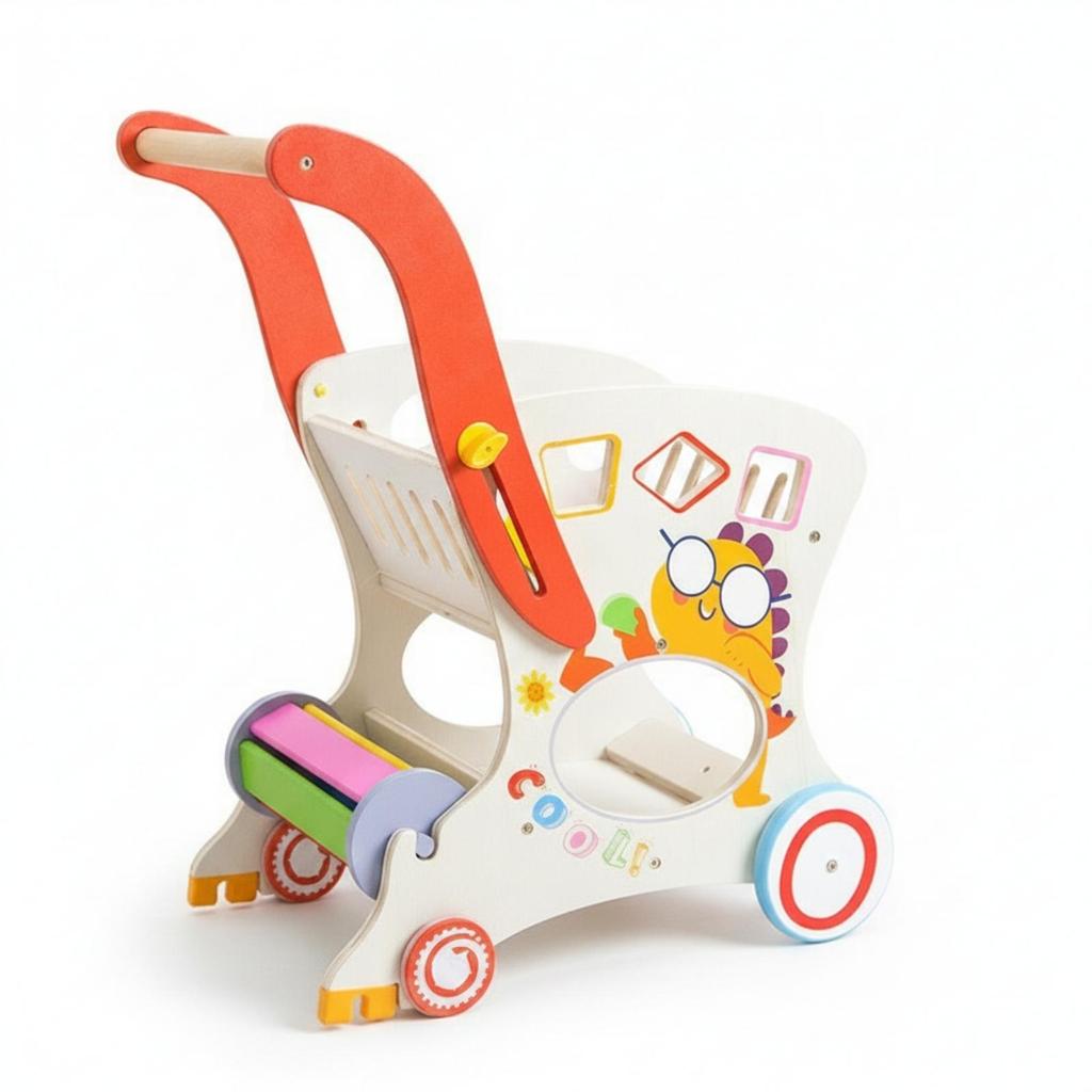 Wooden Infant Pusher Cart Cutout Openings Push Stacking Rings Play for Young