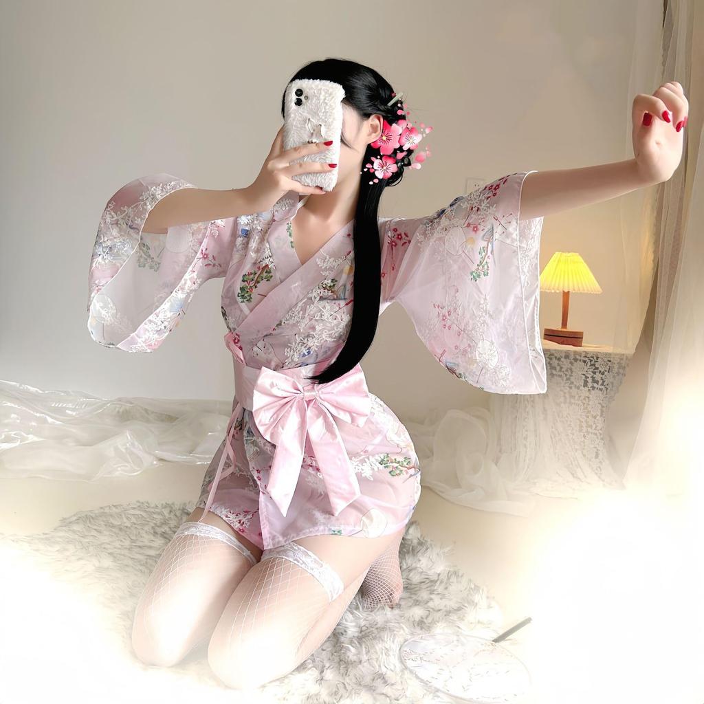 Yukata Cosplay Sexy Oiran Kimono 4dílná sada Roztomilé pyžamo Yamato Nadeshiko Japonské spodní prádlo Cosplay Síťované punčocháče Včetně Cherry Blossom