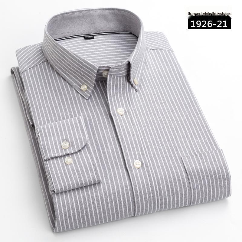 Men's Long Sleeve Washed Cotton Oxford Shirt - Slim Fit, Plaid, Iron-Free Stripes, Casual Style
