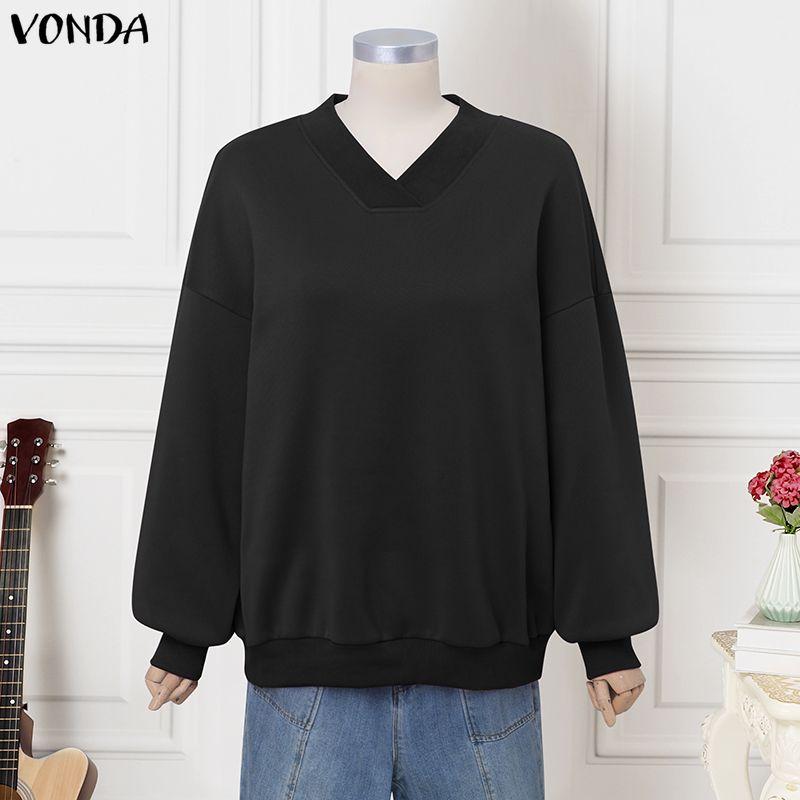 VONDA S-5XL Women Long Sleeve V Neck Solid Color Thin Pullover Sweatshirts