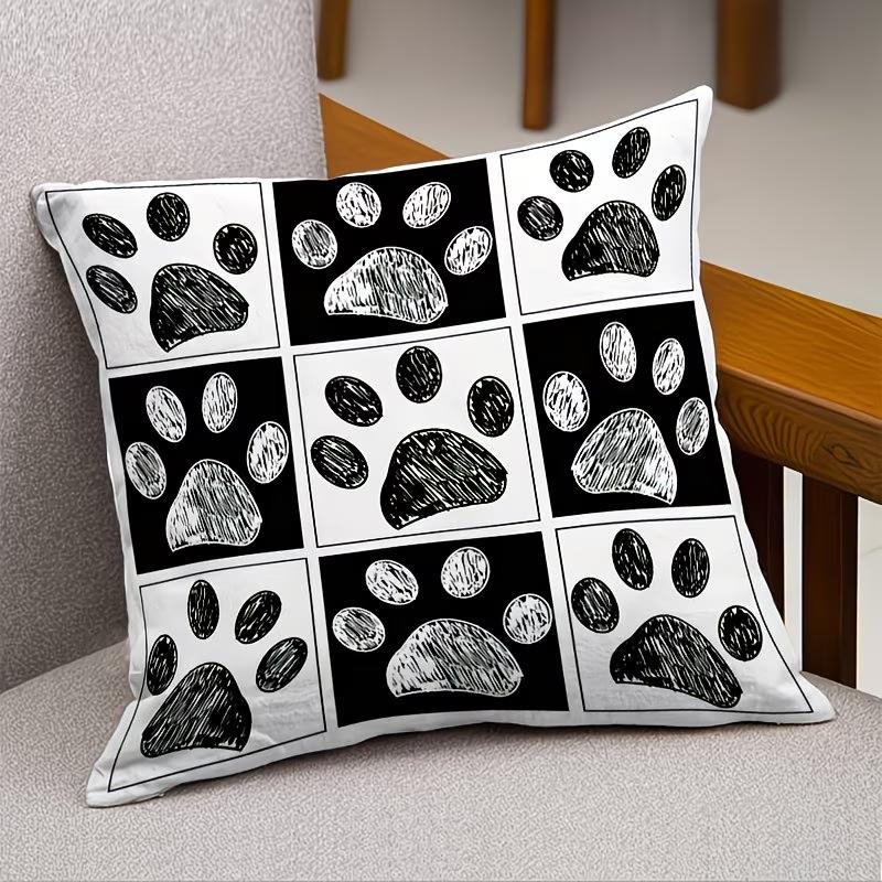 1Pc Pet Paw Print Checkerboard Throw Pillow Cover, Suitable For Sofa, Bedroom, Living Room, A Heartwarming Gift For Dog Lovers.