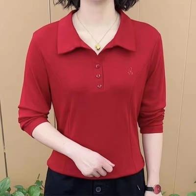 Modisches Western-Stil T-Shirt für Damen für Frühling und Herbst, Schlichter einfarbiger Reverskragen, Langärmlige Stickerei zur Figurformung, POLO-Kragen-Basis