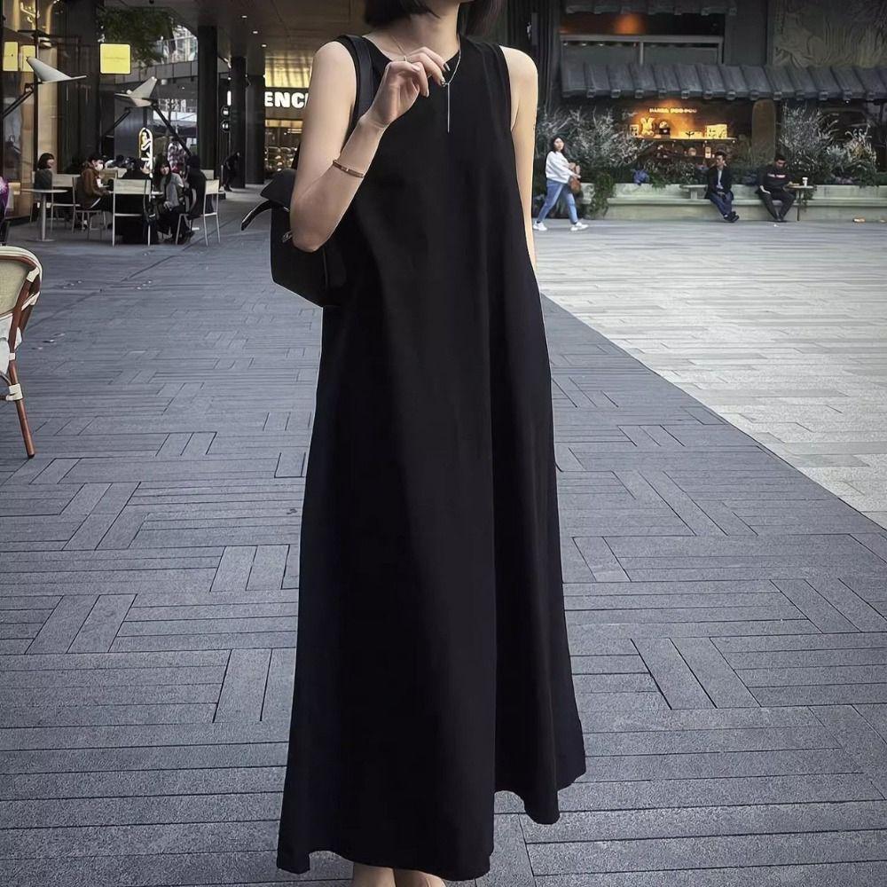Solid Summer Sleeveless Dress Round Neck Open Back Long Dress Fashion Vocation Vest Dresses Teens
