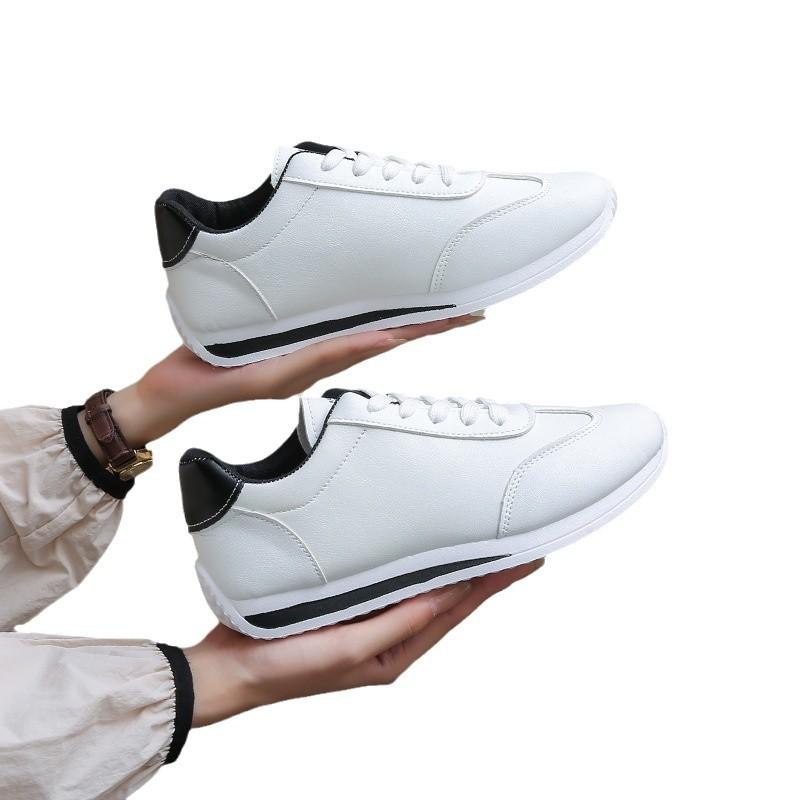 Large size women's autumn new leather fashion contrasting color white shoes lace-up casual sports shoes