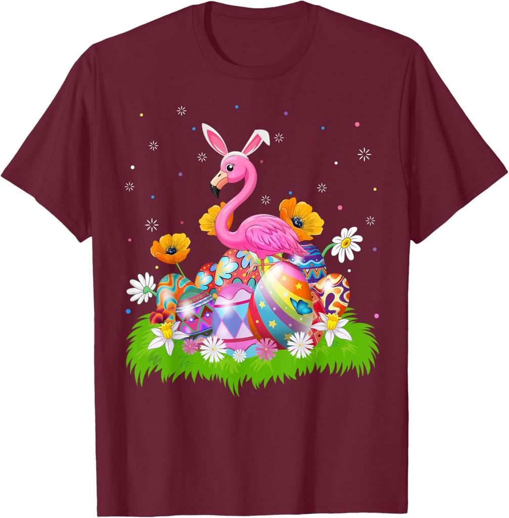 Flamingo Easter Bunny Ears Eggs Graphic Tee Cotton Casual Short Sleeve T-Shirt