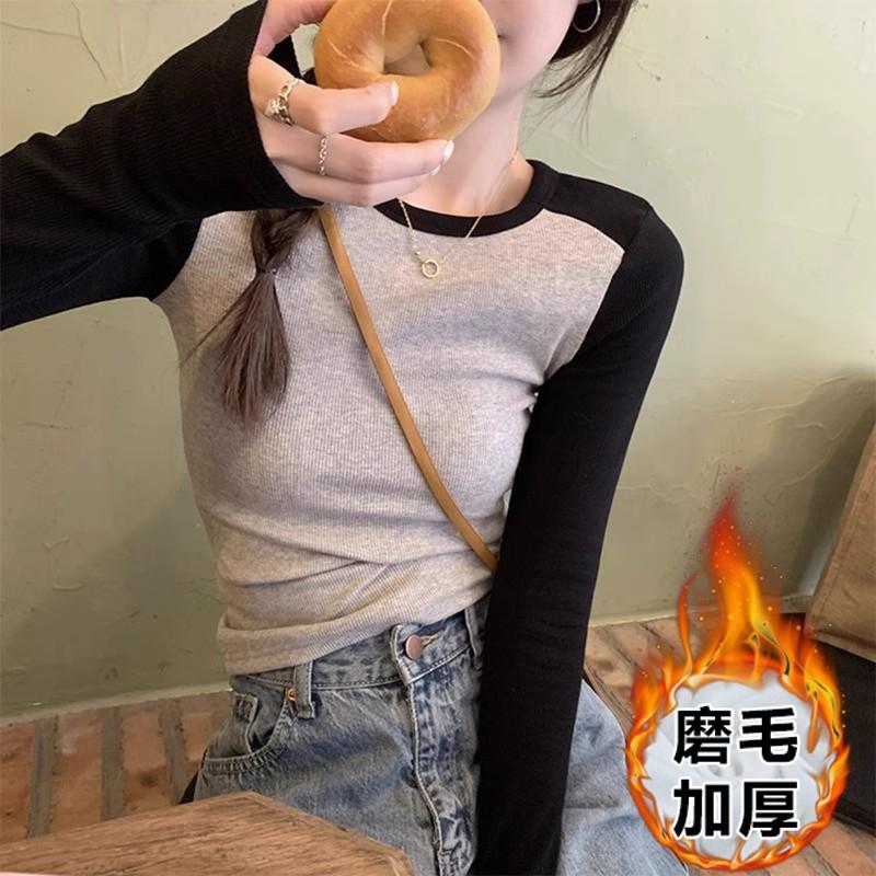 American Retro Front Shoulder Long-sleeved T-shirt Women's Autumn and Winter Inner Bottoming Shirt Spice Girl Slim-fit Short Design Sense