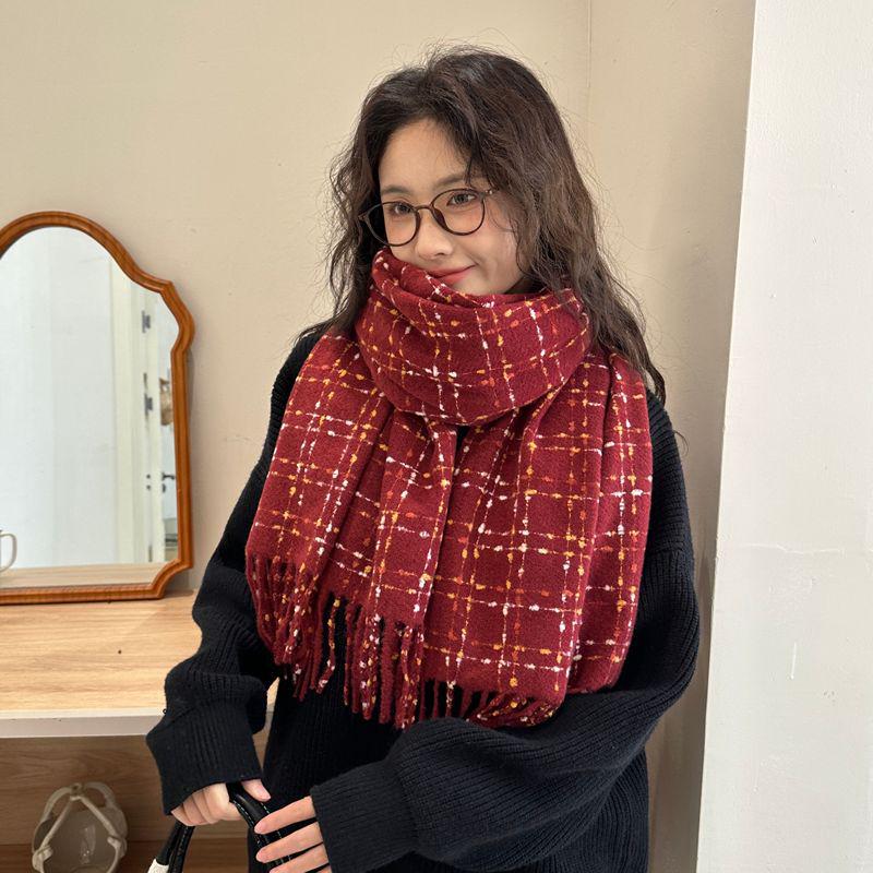 Women's Red Plaid Cashmere-Like Scarf Shawl - Warm, Versatile, Fashionable for Autumn and Winter
