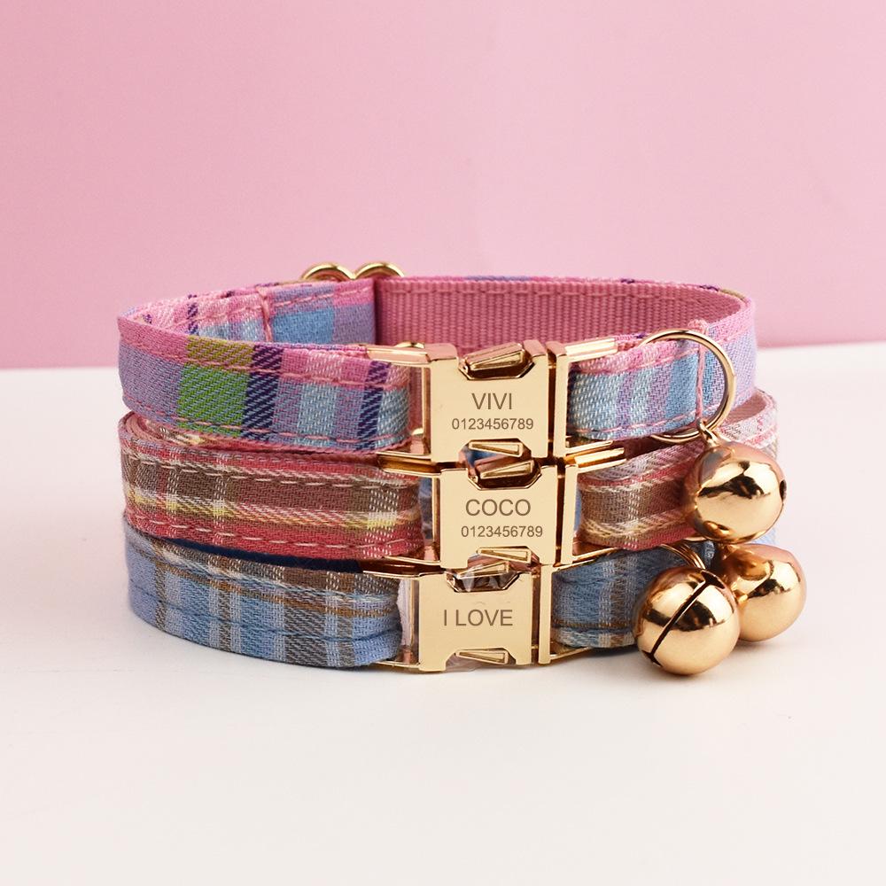 Plaid Series Engravable Pet Collar with Bell - For Cats & Dogs