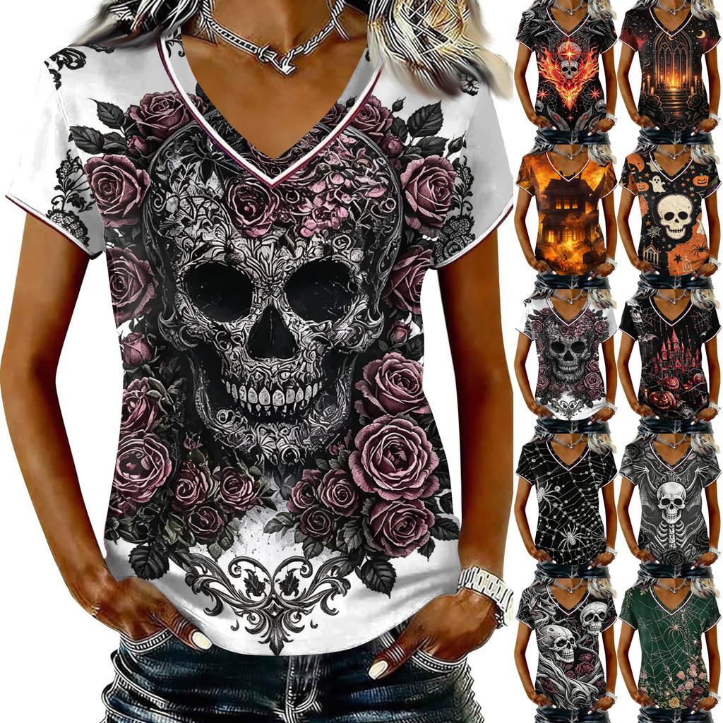 Women's V-Neck Short Sleeve T-Shirt with Halloween Print for Casual Wear